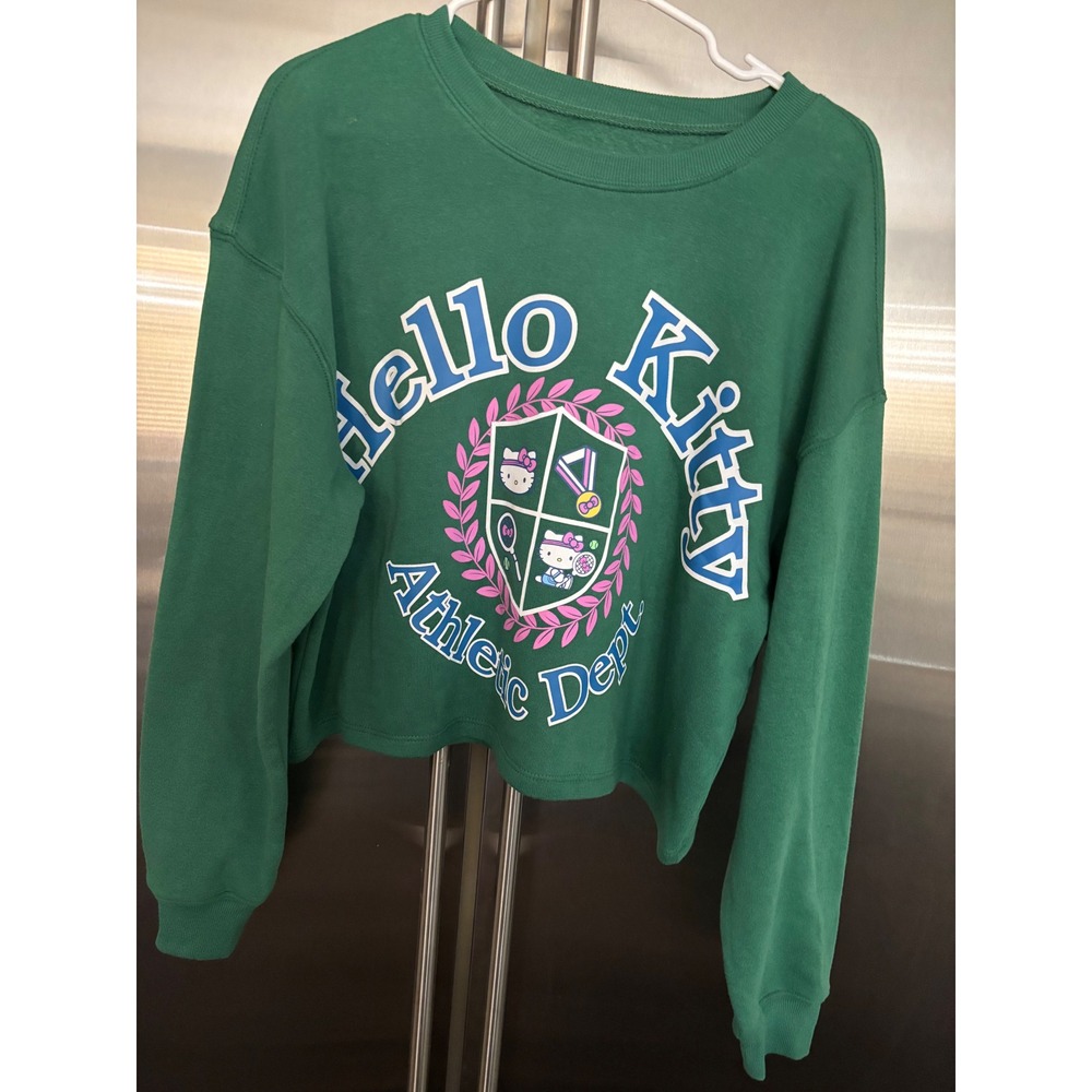 Hello Kitty Cropped Sweatshirt Athletic Dept Green Pullover‎ Top Size L